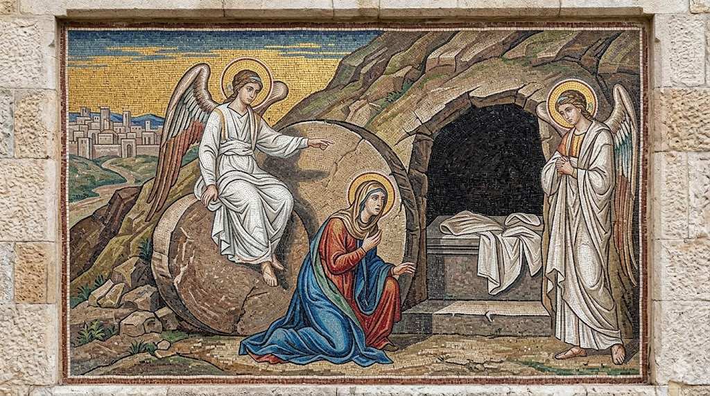Mary Magdalene encounters two angels at Jesus’ empty tomb